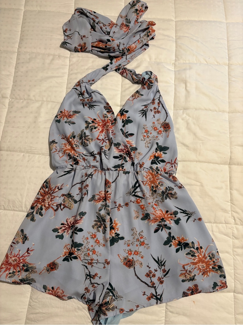 Floral Halter Romper in Light Blue with Peach Blooms